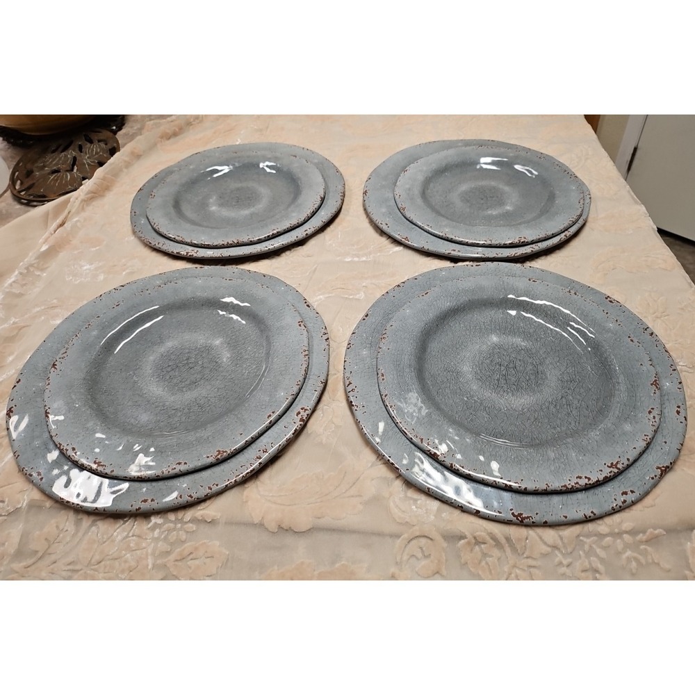 Vintage 8 pieces Pier 1 Imports Grey‎ with  Brown Dinner Plates and Salad plates